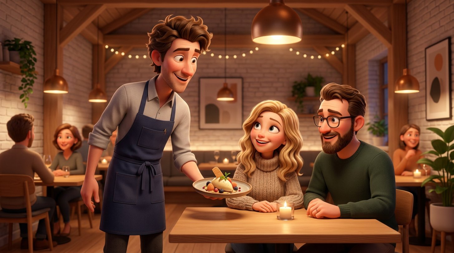 Illustration af en smilende tjener, der præsenterer en dessert for gæster i en hyggelig dansk restaurant