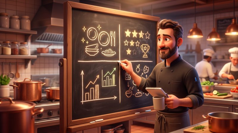 Restauratør analyserer sit menukort med menuanalysens matrix tegnet op på en tavle