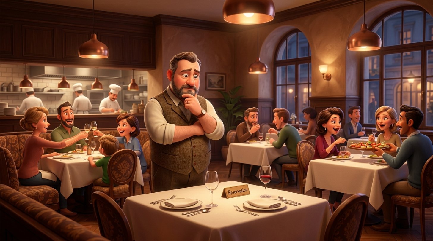Restaurator patrzy na pusty zarezerwowany stolik w pełnej gości sali restauracji