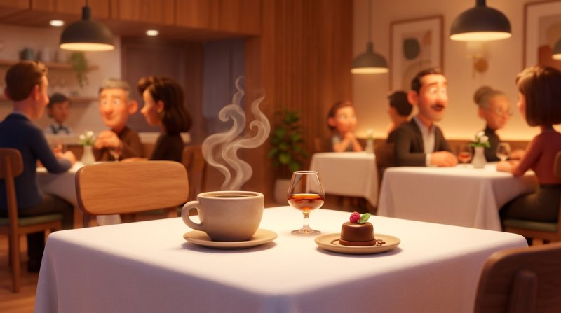 Kaffe med avec och en liten dessert serverade på ett restaurangbord i slutet av måltiden
