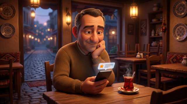 Kapanıştan sonra loş restoranında, yanında çayıyla telefonundaki bir yıldızlı yorumu sakin bir ifadeyle okuyan restoran işletmecisinin 3D illüstrasyonu