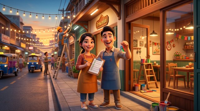 เจ้าของร้านสองคนยืนถือเช็กลิสต์และกุญแจหน้าร้านอาหารตึกแถวที่กำลังตกแต่งใกล้เสร็จ