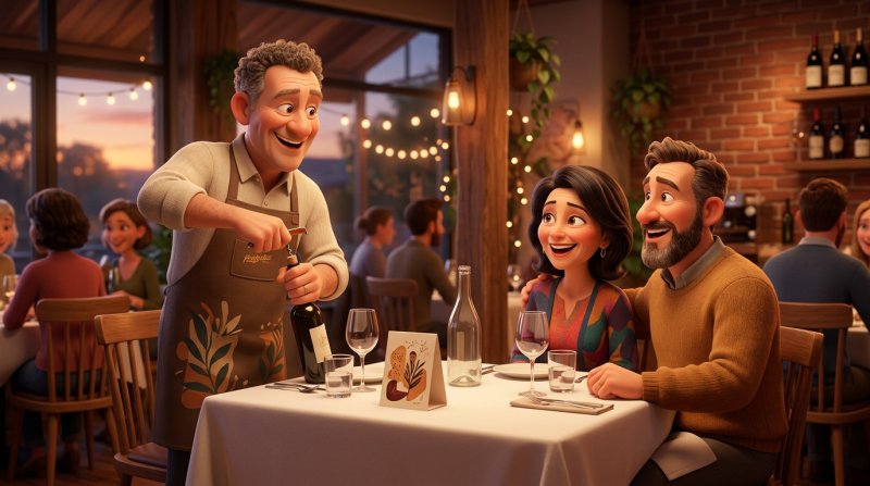 Waiter opening a bottle of wine brought by smiling guests, with a corkage card on the table