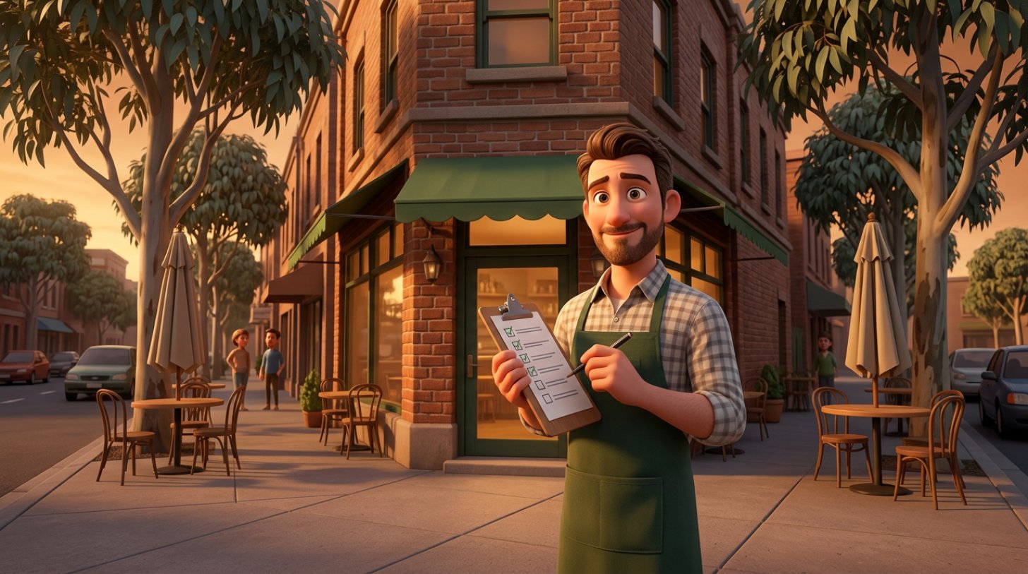 Illustration of a proud restaurateur holding a checklist outside a freshly opened Australian corner restaurant at golden hour