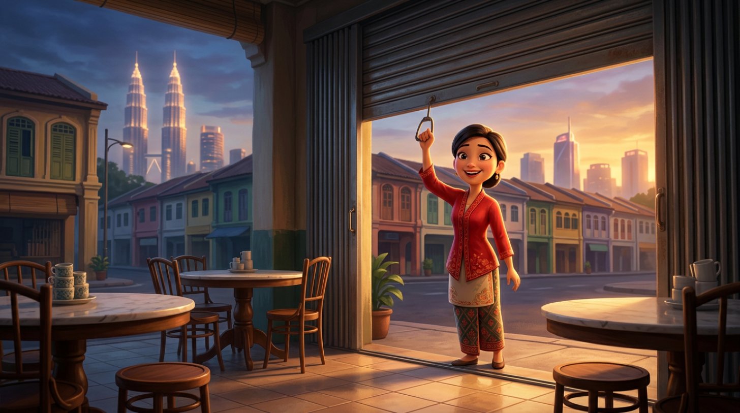 Illustration of a proud new owner raising the shutter of her corner-lot kedai makan at dawn, with the Kuala Lumpur skyline glowing behind the shophouse row