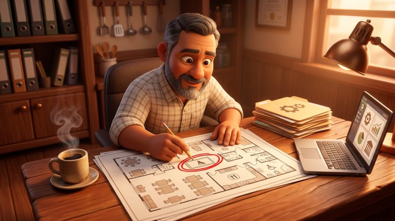 Restaurant owner at a desk reviewing a floor plan with the grease trap circled, licence folders stacked beside a laptop and a cup of kopi