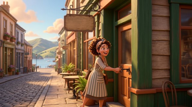 Illustration of a proud new owner opening the door of her corner restaurant on a sunny New Zealand high street, harbour and hills in the background