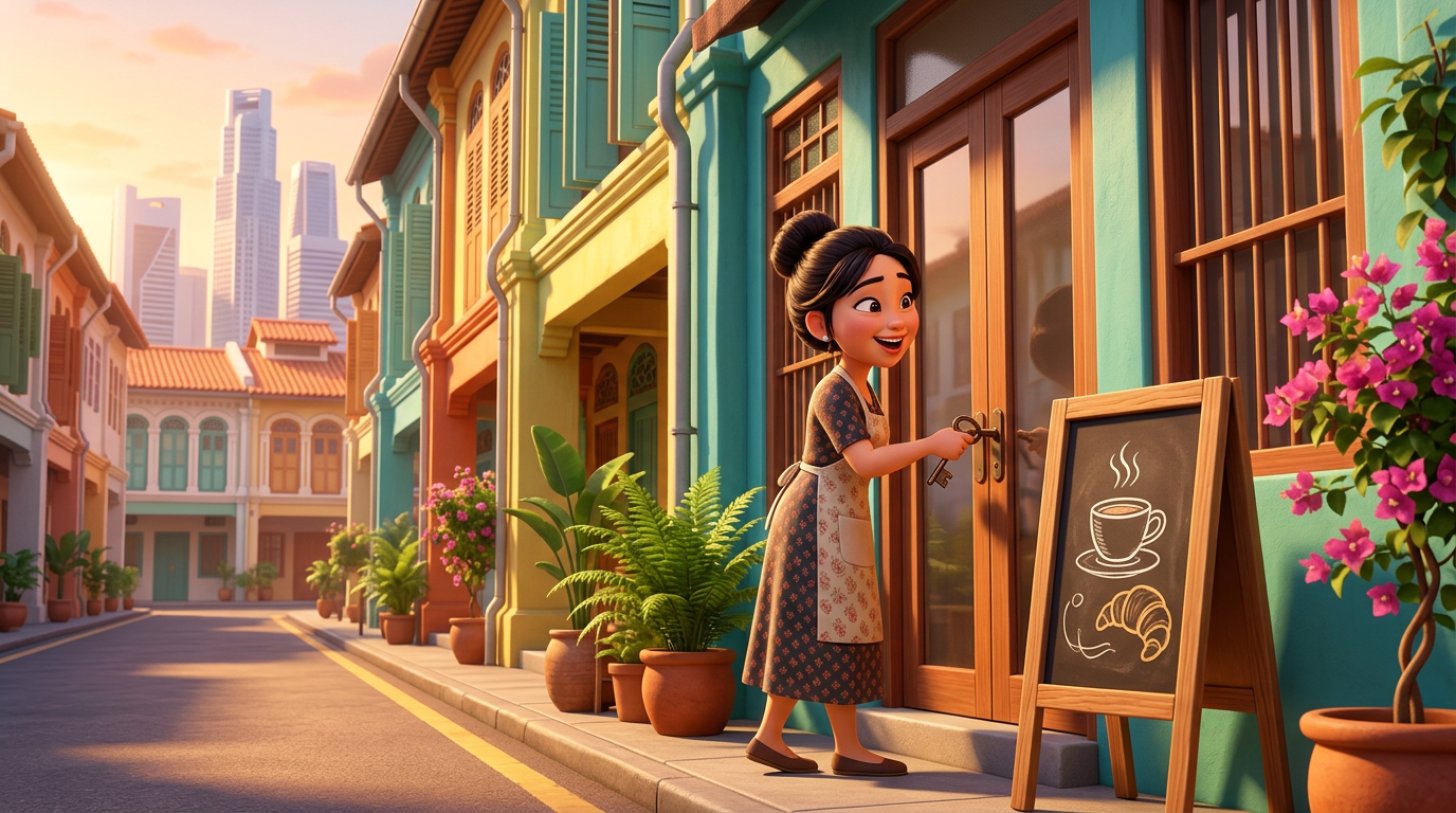 Illustration of a proud new owner unlocking the glass door of her café in a colourful Singapore shophouse street at sunrise