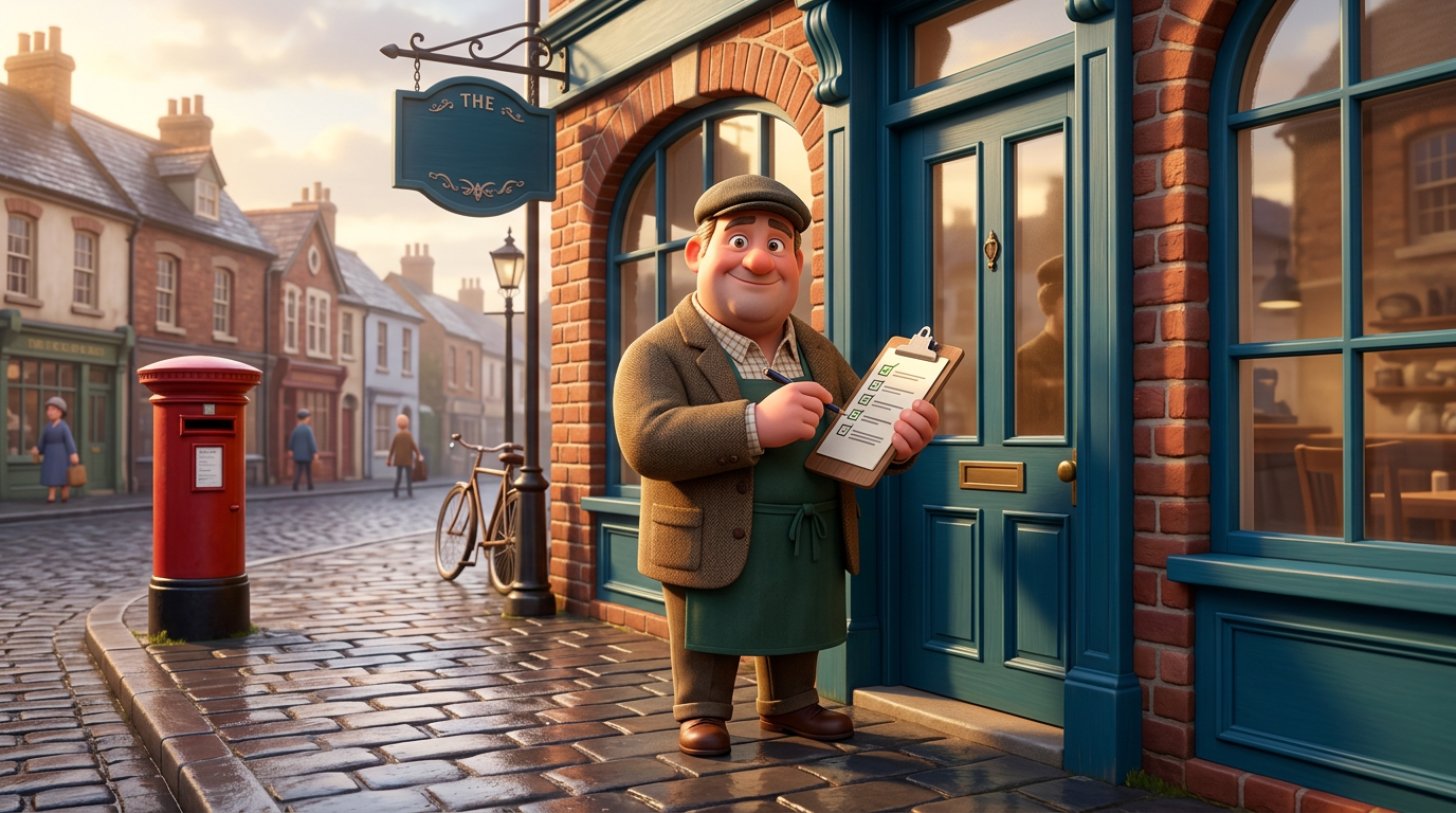 Illustration of a proud restaurateur holding a checklist outside a freshly painted British high-street restaurant