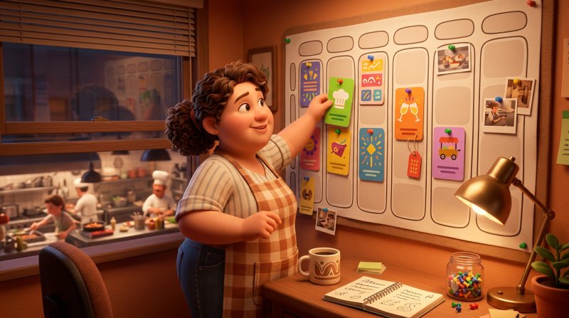 Restaurant owner pinning milestone cards to a six-month wall planner in a small office