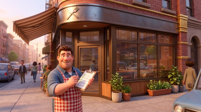 Illustration of a proud restaurant owner holding a checklist in front of his newly renovated American corner restaurant