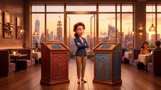 Restaurant owner standing between a red reservation podium and a blue one in a New York dining room at golden hour, weighing the two options