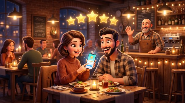Para gości w restauracji wystawia opinię przez smartfon, nad telefonem unosi się pięć złotych gwiazdek