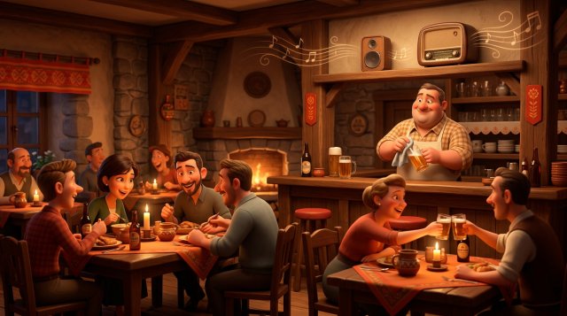 Ilustrace útulné restaurace, kde z rádia na poličce nad barem zní hudba a majitel leští sklenici