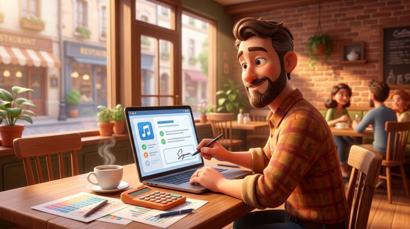 Ilustrace majitele restaurace, který na notebooku vyplňuje online formulář licenční smlouvy