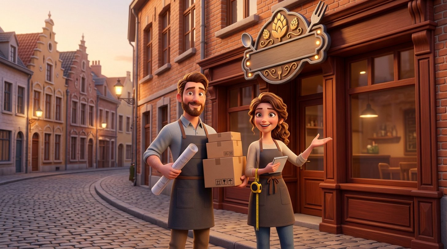 Illustration d'un jeune couple de restaurateurs devant la façade de leur nouveau restaurant belge, plans et cartons à la main