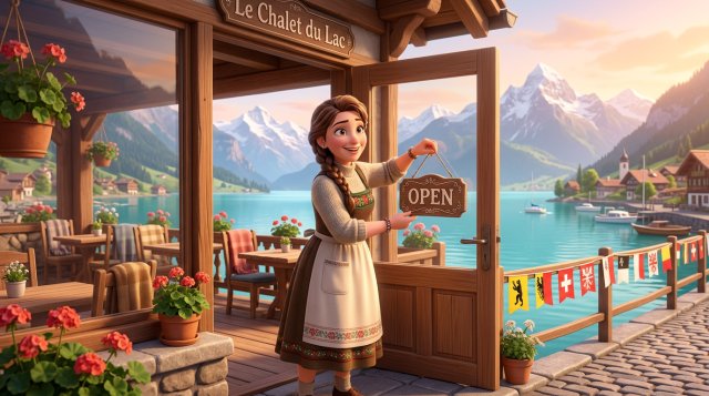 Restauratrice souriante accrochant un panneau ouvert sur la porte de son nouveau restaurant avec vue sur le lac Léman et les Alpes