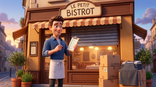 Illustration d'un restaurateur enthousiaste devant la façade de son nouveau restaurant, checklist à la main