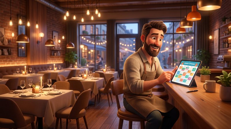 Restaurateur consultant les premières réservations en ligne de son restaurant la veille de l'ouverture