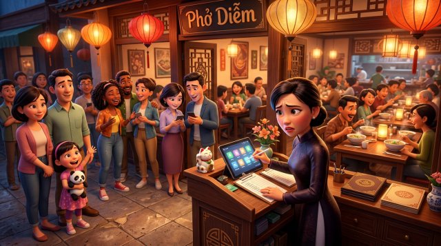 Lối vào nhà hàng Việt đông kín khách chờ, nhân viên đón khách cầm máy tính bảng kiểm tra danh sách đặt bàn trong khi mọi bàn phía trong đều đã đầy