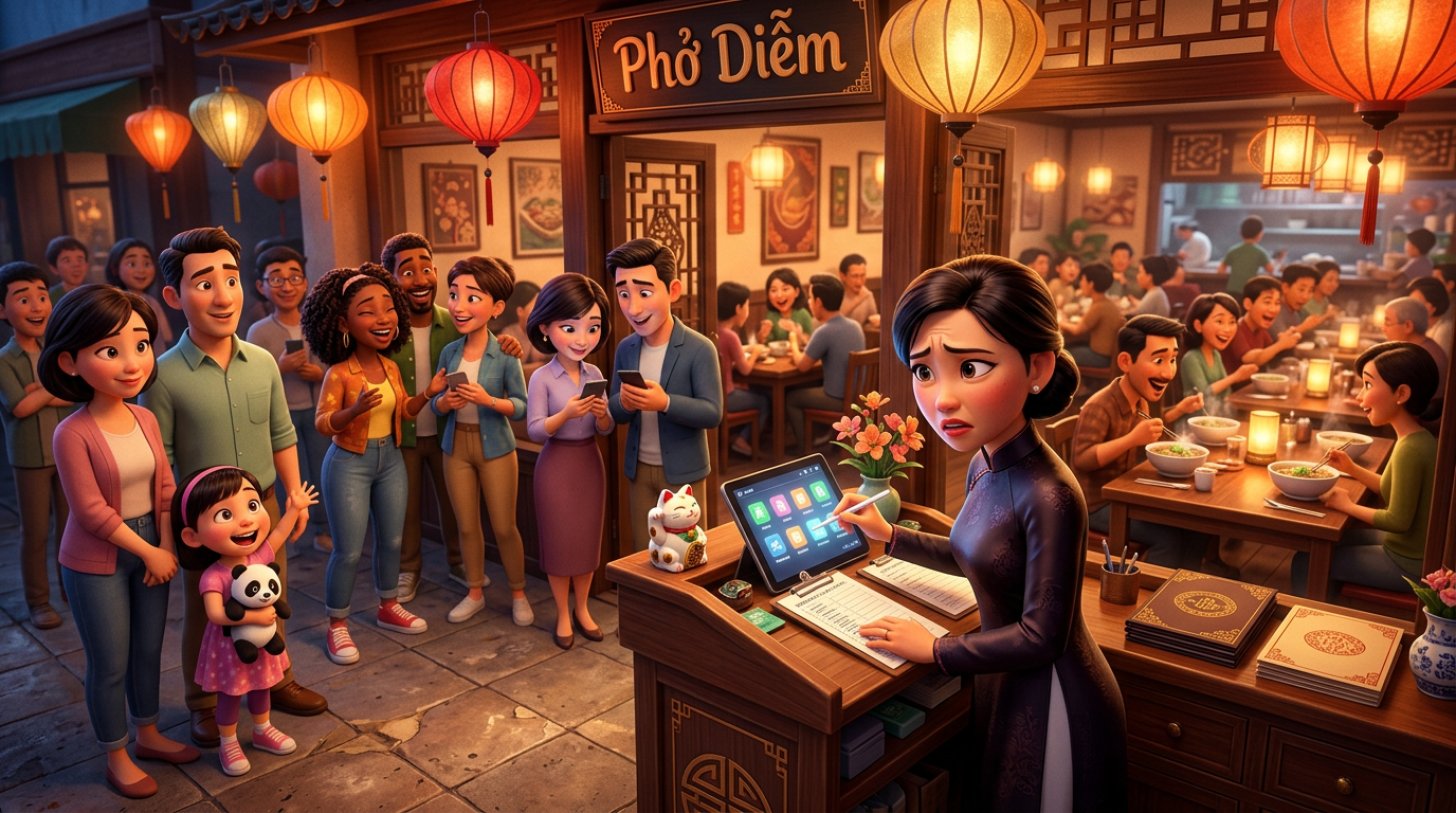 Lối vào nhà hàng Việt đông kín khách chờ, nhân viên đón khách cầm máy tính bảng kiểm tra danh sách đặt bàn trong khi mọi bàn phía trong đều đã đầy