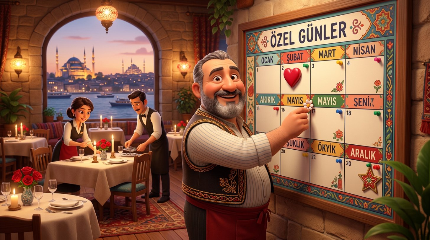 Restoranındaki duvar takviminde özel günleri işaretleyen işletmeci ve arka planda mumlu, güllü masaları hazırlayan ekibin 3D illüstrasyonu