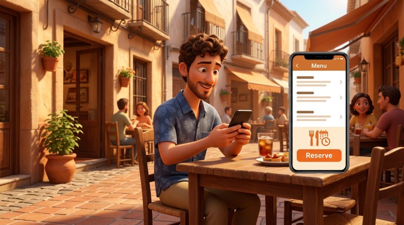 Un cliente en una terraza consulta la carta de un restaurante en su teléfono móvil, con un botón de reservar visible en pantalla
