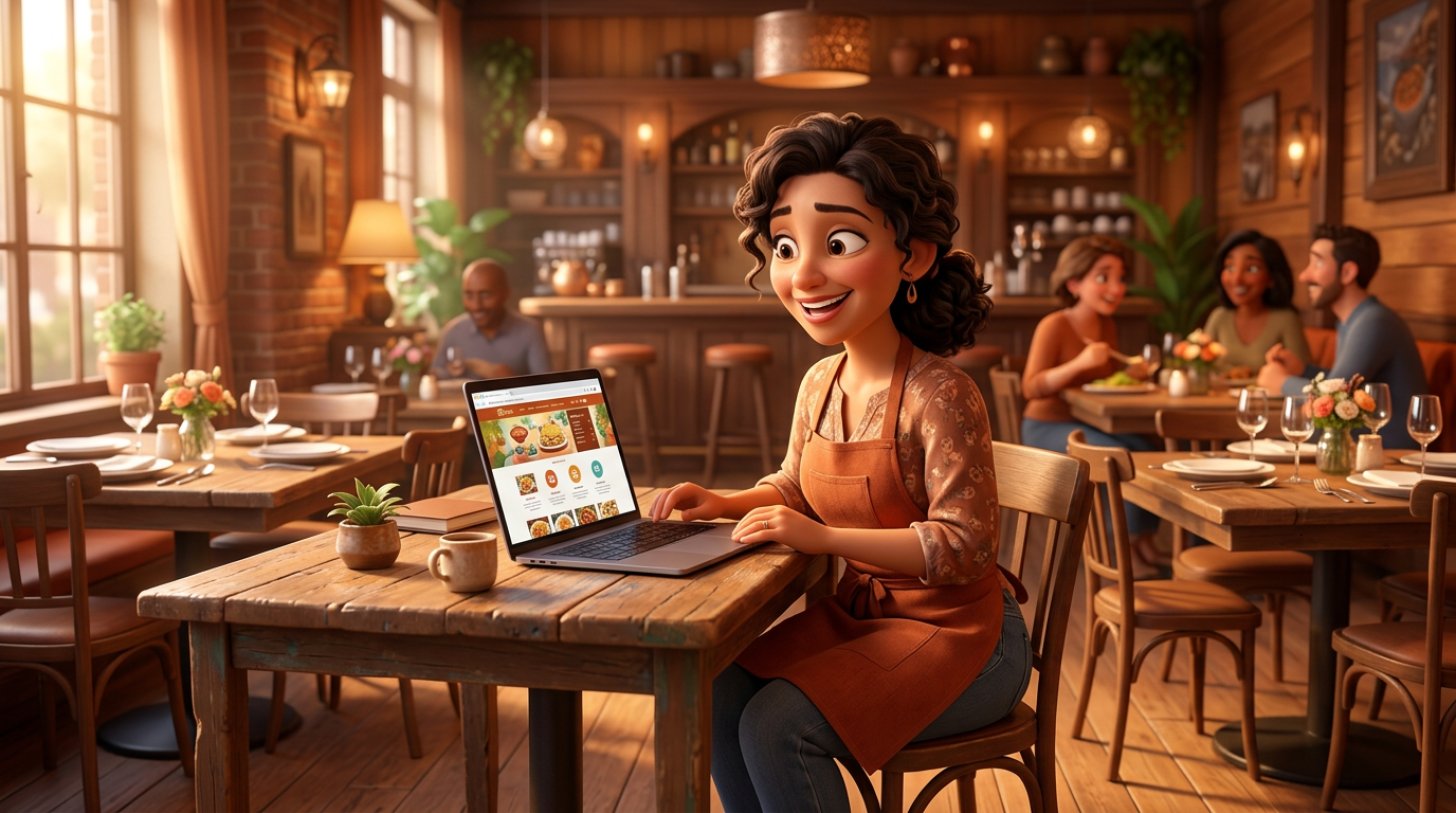 Ilustración de una dueña de restaurante consultando la página web de su establecimiento en un portátil dentro de la sala
