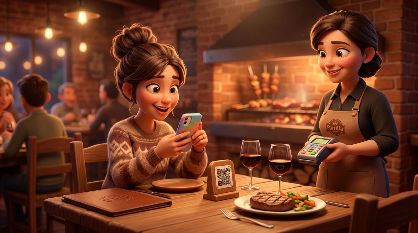 Comensal escanea con su celular un código QR de pago sobre la mesa de una parrilla argentina mientras la moza sostiene un pequeño posnet junto a la parrilla al fondo