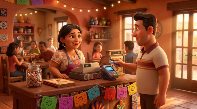 Restaurantera mexicana cobra con una terminal punto de venta a un comensal que acerca su tarjeta en un restaurante colorido