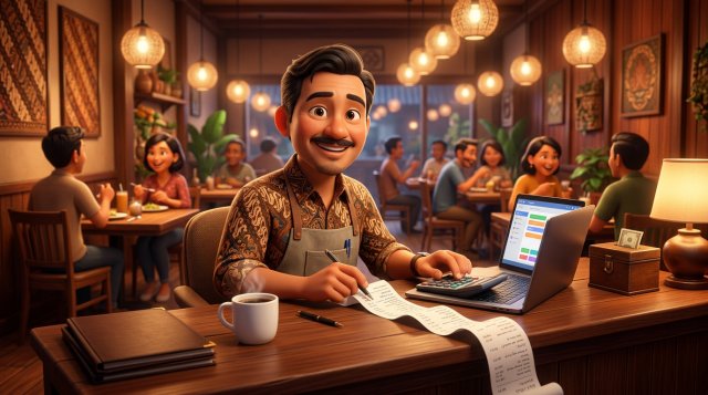 Ilustrasi 3D pemilik restoran memeriksa struk tagihan panjang dengan kalkulator dan laptop di meja kasir restorannya