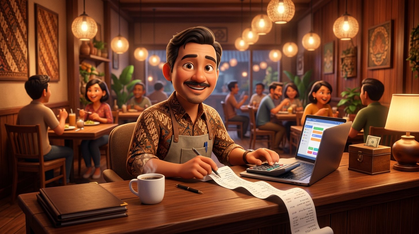 Ilustrasi 3D pemilik restoran memeriksa struk tagihan panjang dengan kalkulator dan laptop di meja kasir restorannya