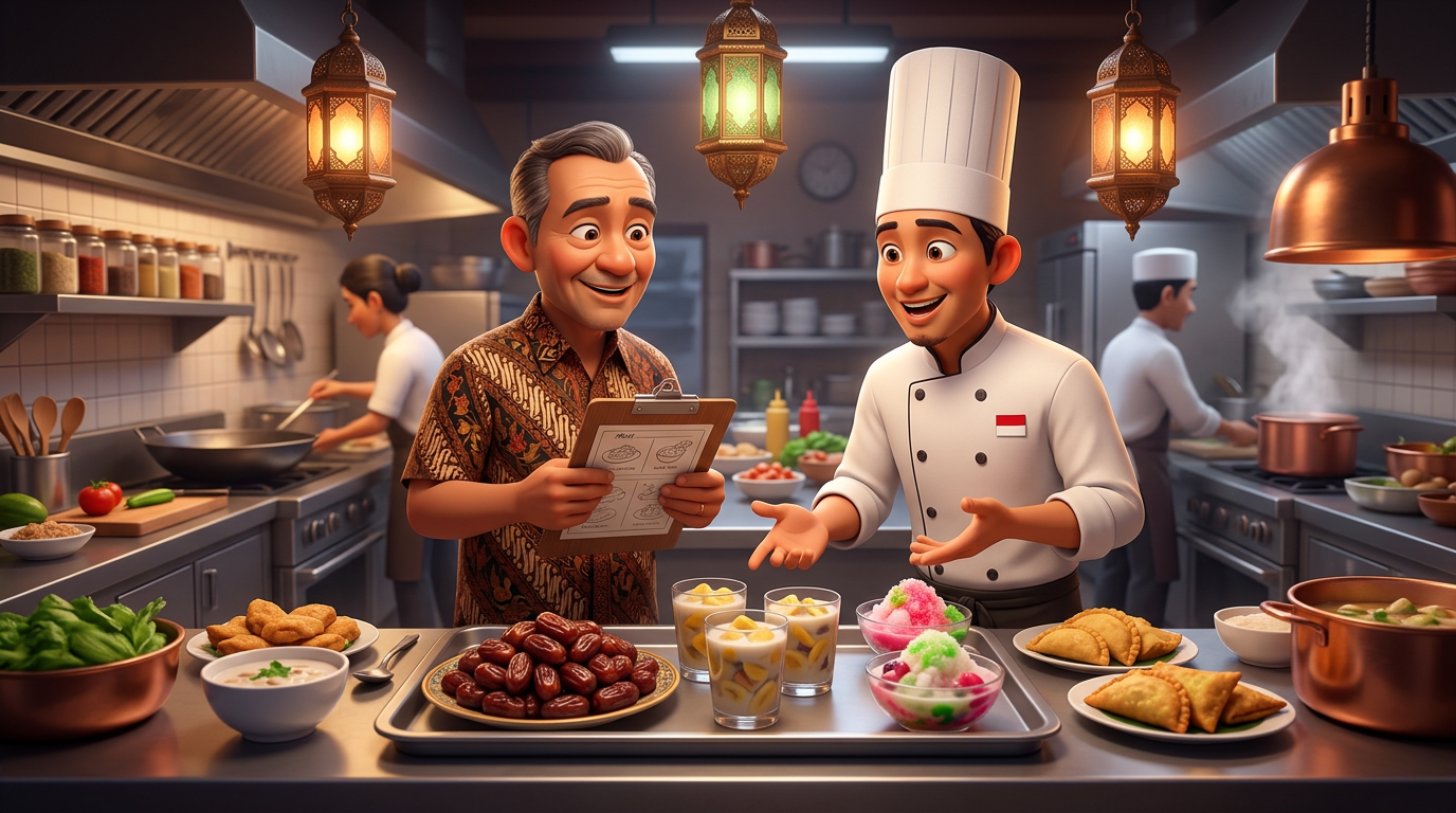Ilustrasi 3D pemilik restoran dan koki menyusun paket menu buka puasa di dapur, nampan kurma dan gelas kolak tertata di meja pass, lentera Ramadan menerangi ruangan