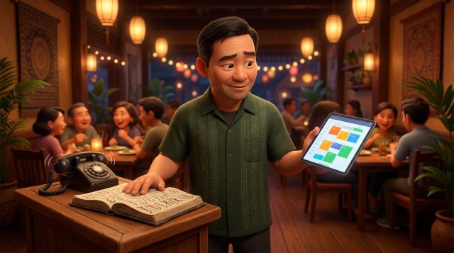 เจ้าของร้านอาหารไทยยืนที่โต๊ะต้อนรับ มือหนึ่งวางบนสมุดจองกระดาษที่เต็มไปด้วยลายมือ อีกมือถือแท็บเล็ตแสดงปฏิทินการจอง ขณะโทรศัพท์ดังอยู่ข้าง ๆ