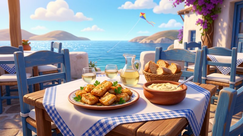 Τραπέζι ελληνικής ταβέρνας δίπλα στη θάλασσα με πιάτο τηγανητό μπακαλιάρο, μπολ σκορδαλιά, ψωμί και καραφάκι κρασί, με χαρταετό να πετά στον γαλάζιο ουρανό