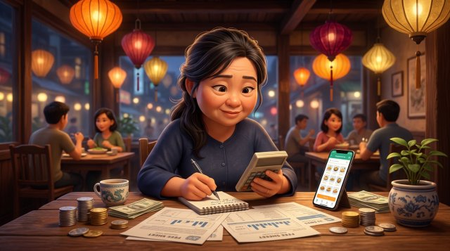 Chủ nhà hàng Việt Nam ngồi tính phí nền tảng đặt bàn với máy tính cầm tay, điện thoại và các bảng phí in sẵn trên bàn gỗ