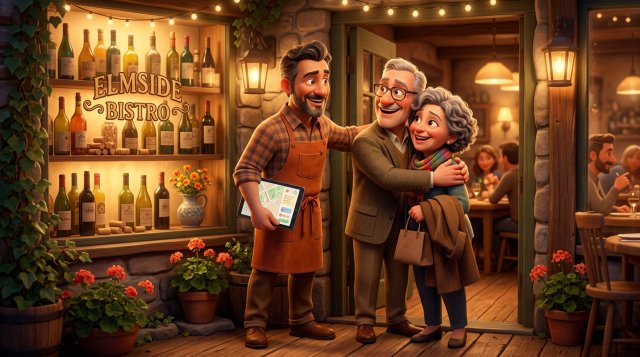 Restorāna īpašnieks pie ieejas sirsnīgi sveicina pastāvīgu viesu pāri, rokā turot planšeti ar viesu piezīmēm