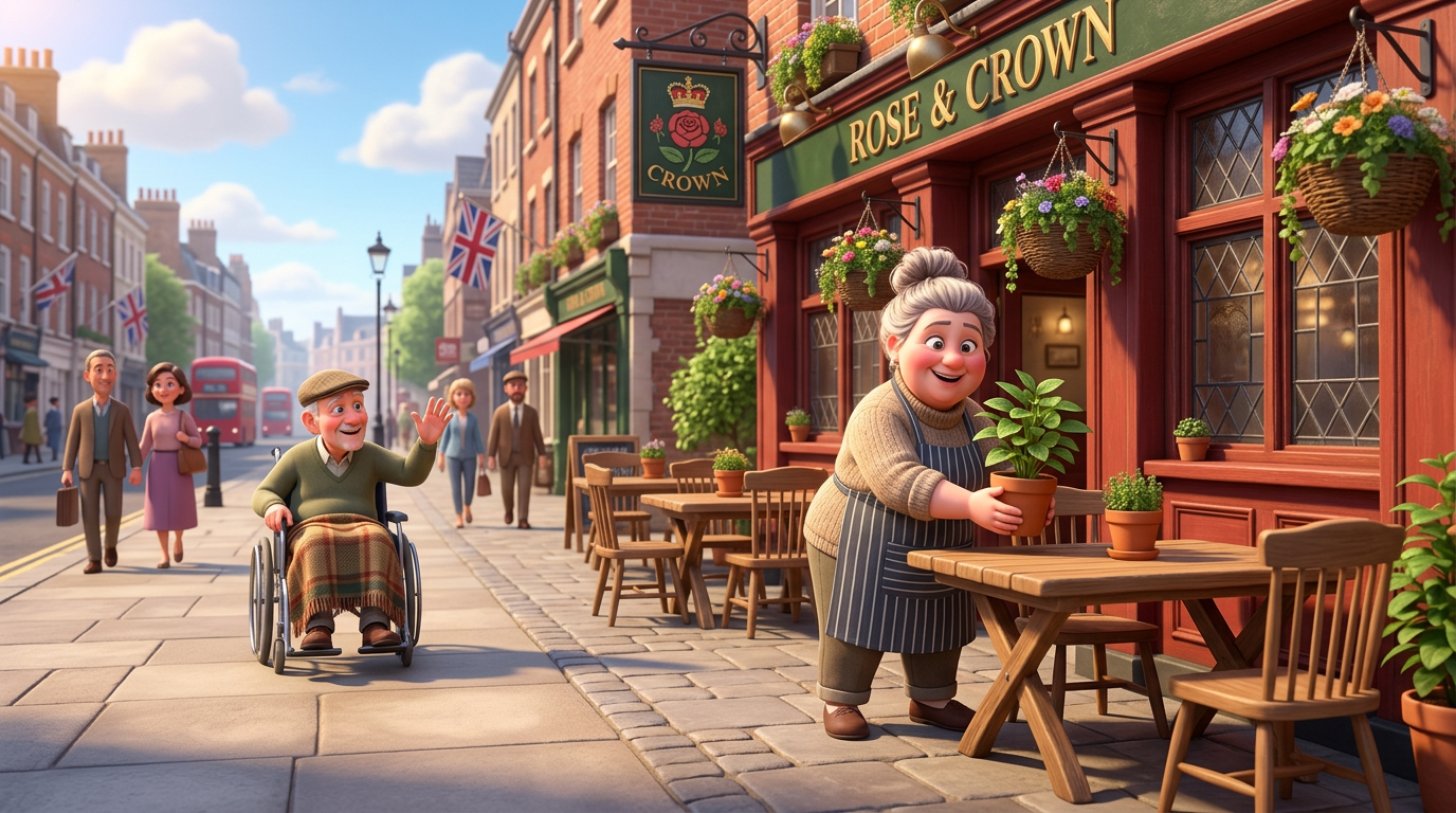 Illustration of a British pub owner arranging outdoor tables and planters on the pavement while a wheelchair user passes on a clear walkway