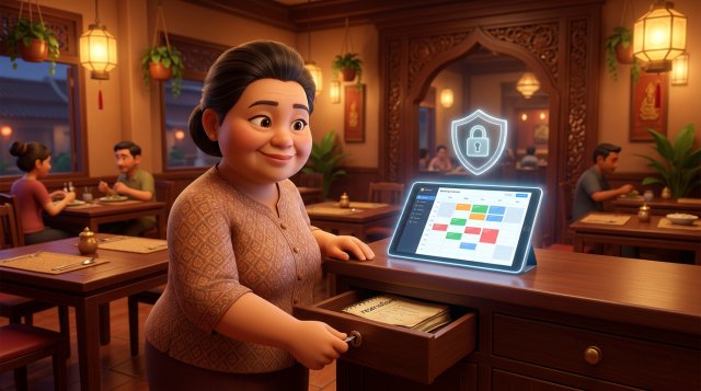 เจ้าของร้านอาหารไทยล็อกลิ้นชักเก็บสมุดจองโต๊ะ ขณะแท็บเล็ตบนเคาน์เตอร์แสดงปฏิทินการจองพร้อมสัญลักษณ์โล่และกุญแจ