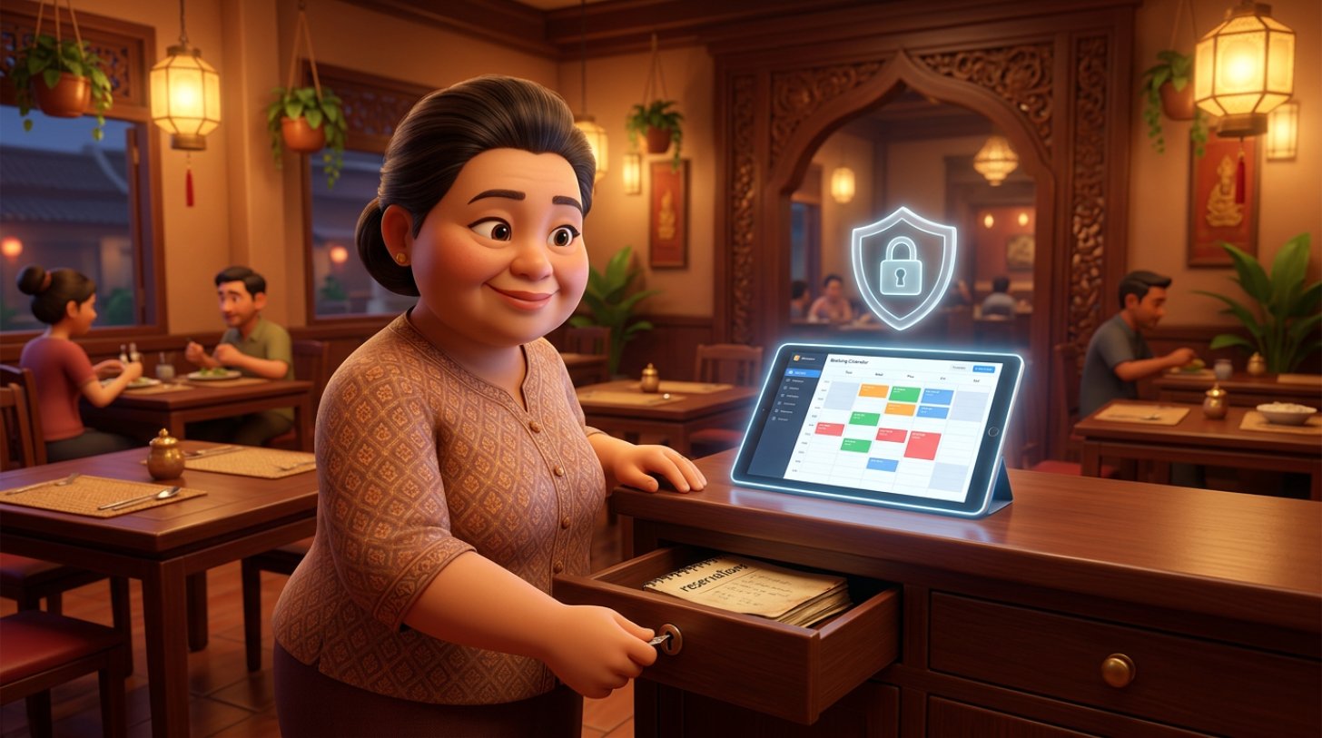 เจ้าของร้านอาหารไทยล็อกลิ้นชักเก็บสมุดจองโต๊ะ ขณะแท็บเล็ตบนเคาน์เตอร์แสดงปฏิทินการจองพร้อมสัญลักษณ์โล่และกุญแจ