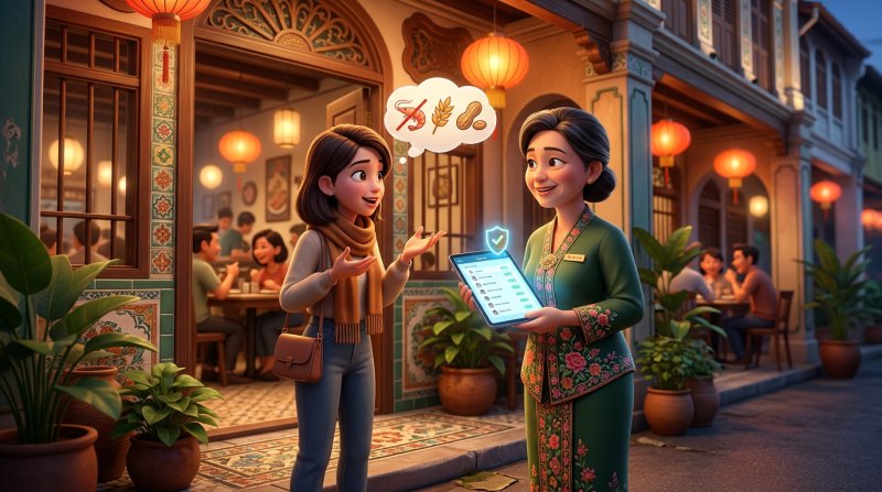Illustration of a Malaysian host politely taking a guest's dietary note at a shophouse restaurant entrance while the booking tablet shows a shielded guest list