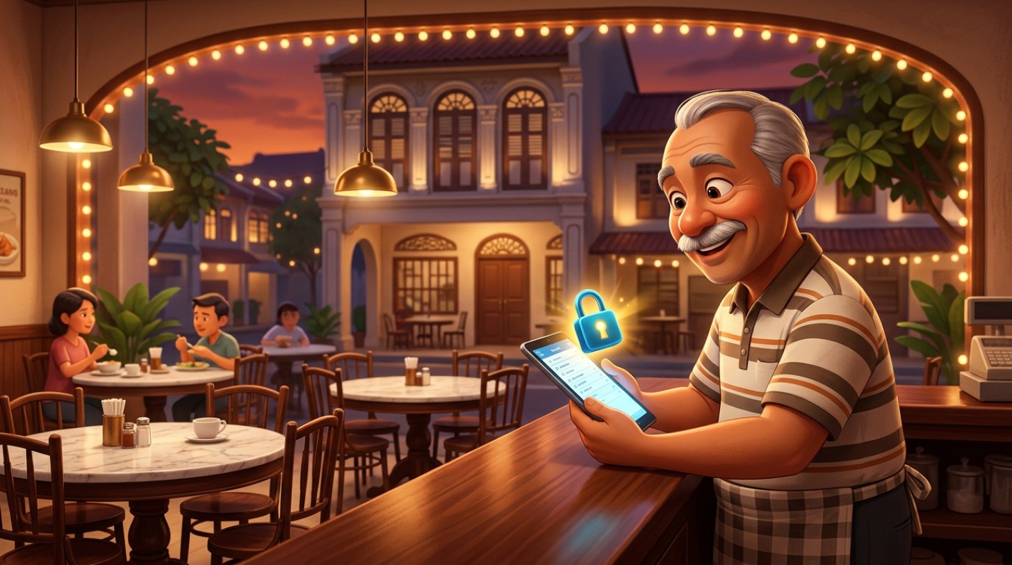 Illustration of a Malaysian restaurant owner at a kopitiam counter reviewing the evening's reservation list on a tablet, a small padlock icon glowing above the screen