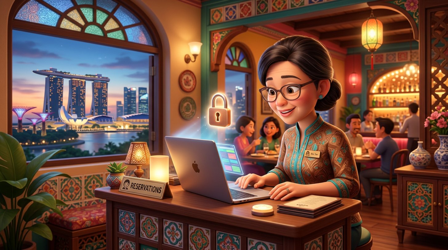 Illustration of a Singaporean restaurant manager at a shophouse host stand checking the evening's guest list on a laptop, a small glowing padlock above the screen
