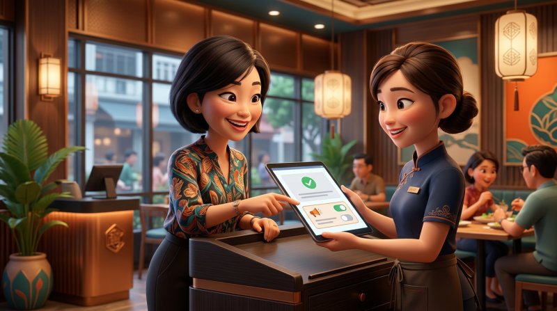 Illustration of a guest tapping a separate marketing opt-in toggle on a tablet booking form held by a waitress at a Singapore restaurant host stand