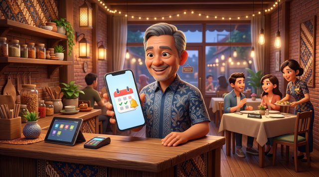 Ilustrasi 3D pemilik restoran Indonesia tersenyum sambil melihat notifikasi pengingat reservasi di ponselnya, sementara tamu tiba di meja yang sudah dipesan