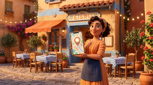 Restauradora sonriente delante de su local mostrando en el teléfono un mapa con una chincheta de localización sobre su restaurante