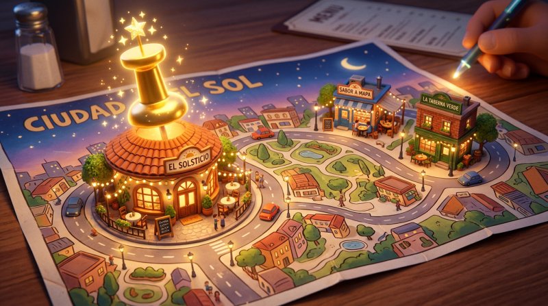 Tres restaurantes estilizados sobre un mapa de ciudad, el mejor posicionado destacado con una chincheta gigante y estrellas