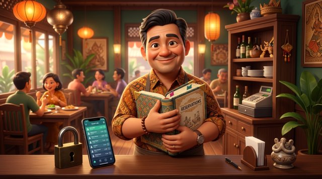 Ilustrasi 3D pemilik restoran menjaga buku reservasi berisi data tamu dengan gembok besar di meja kasir