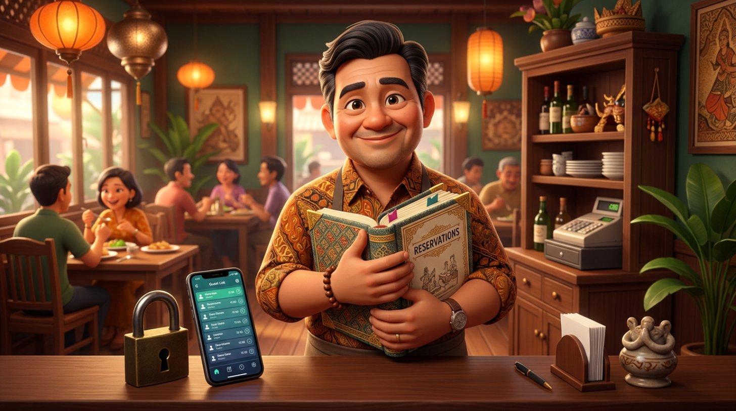 Ilustrasi 3D pemilik restoran menjaga buku reservasi berisi data tamu dengan gembok besar di meja kasir