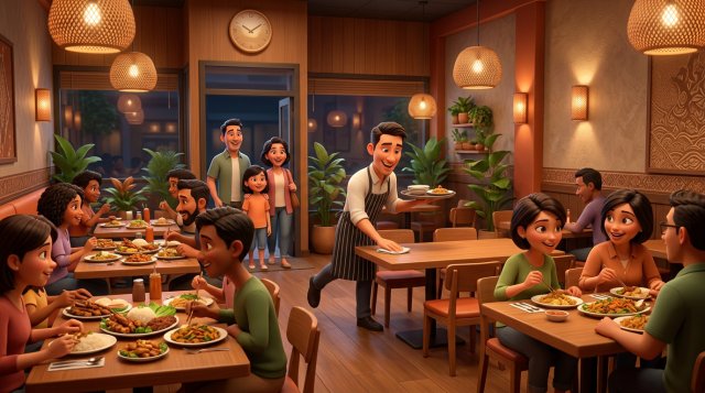 Ilustrasi 3D ruang makan restoran yang ramai dengan pelayan merapikan satu meja kosong sementara tamu baru menunggu di dekat pintu